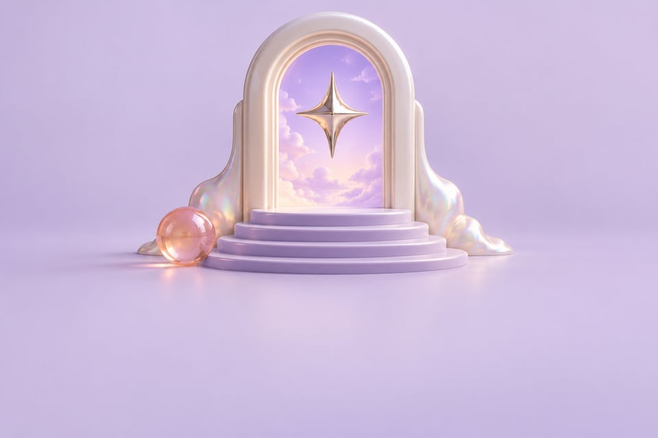 A pearl doorway opening into a lavender sky, with a floating magic star
